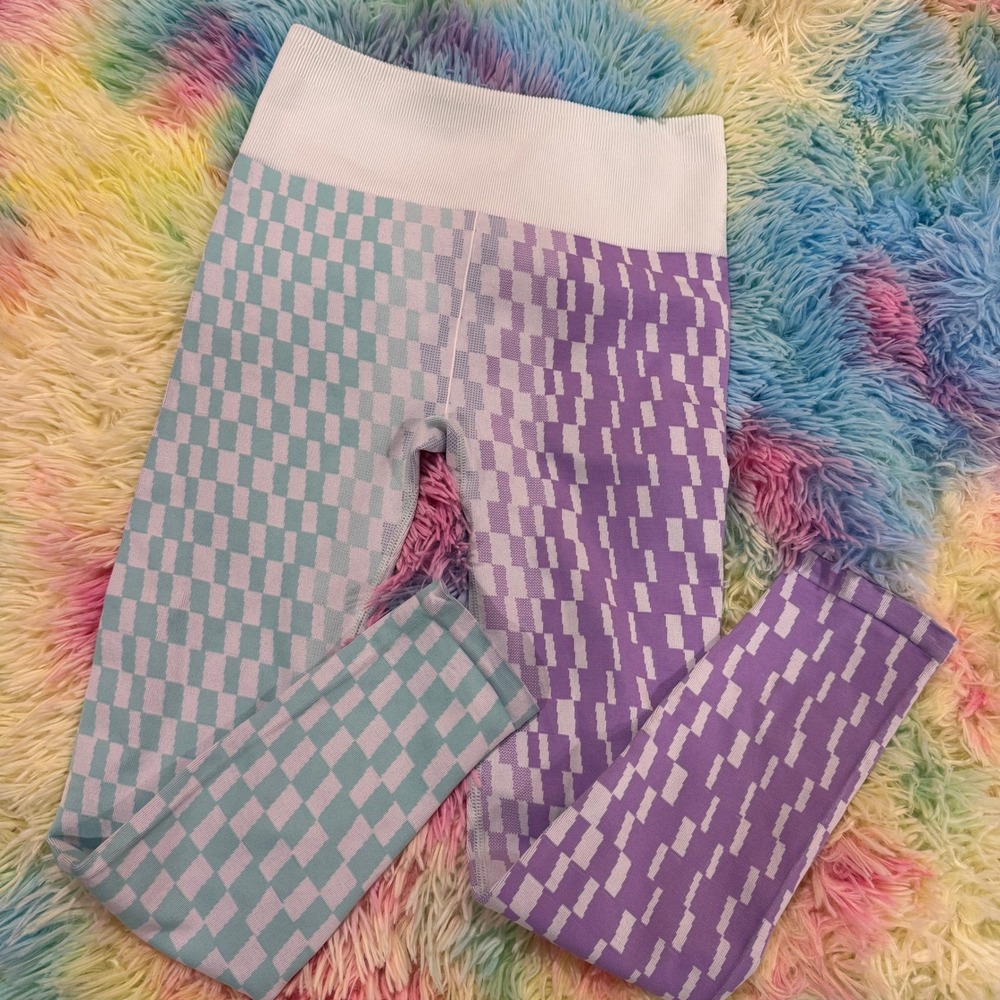 Fabletics Womens Seamless Ombre Checkered Leggings Mint Purple LG2147916-10095 M